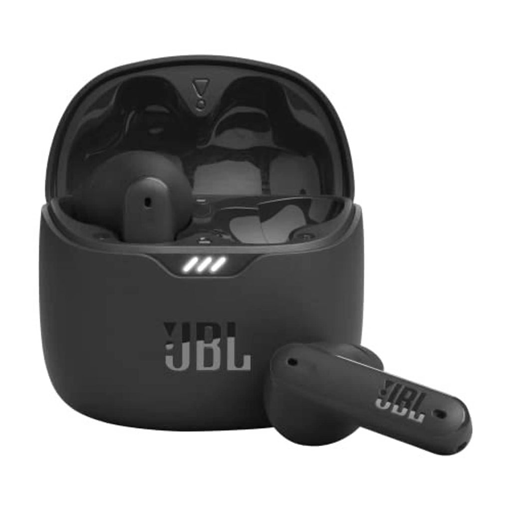 Black JBL charging case with two true wireless earbuds inside
