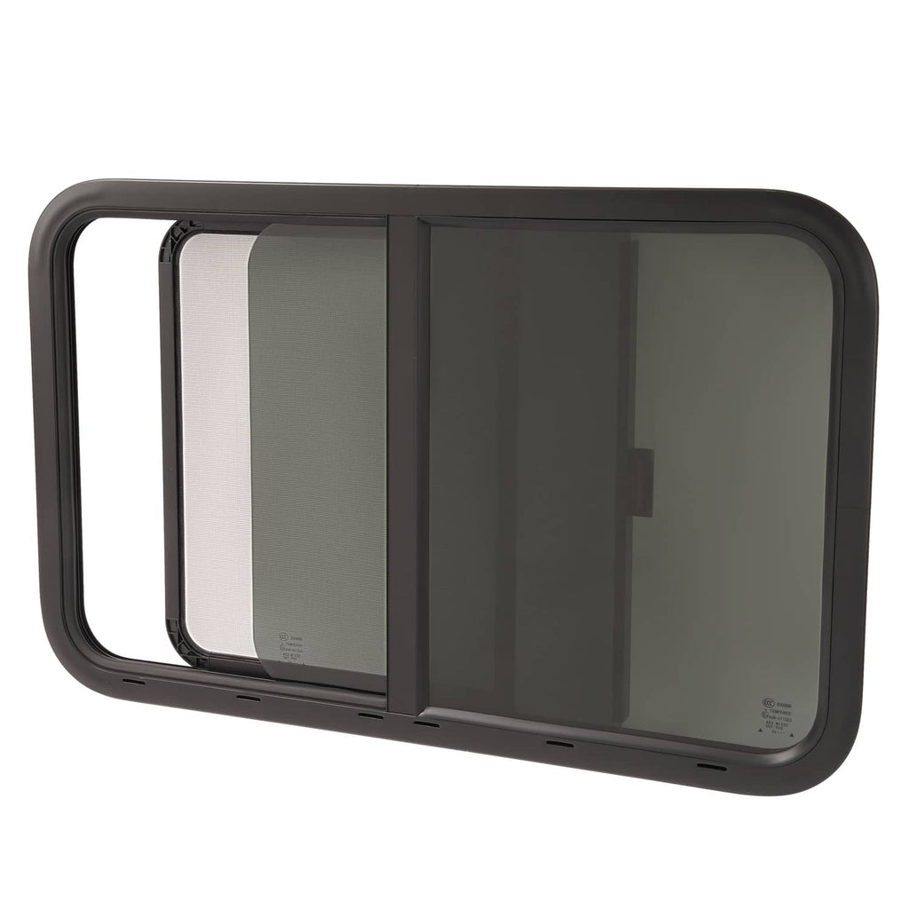 Dark RV window horizontal slider with two dark-tinted panels and outer mounting frame