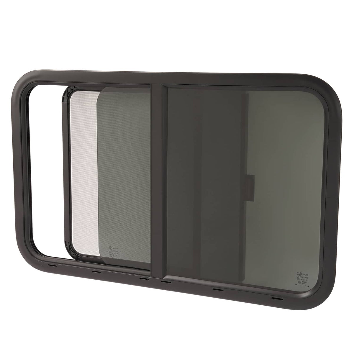 Dark RV window horizontal slider with two dark-tinted panels and outer mounting frame