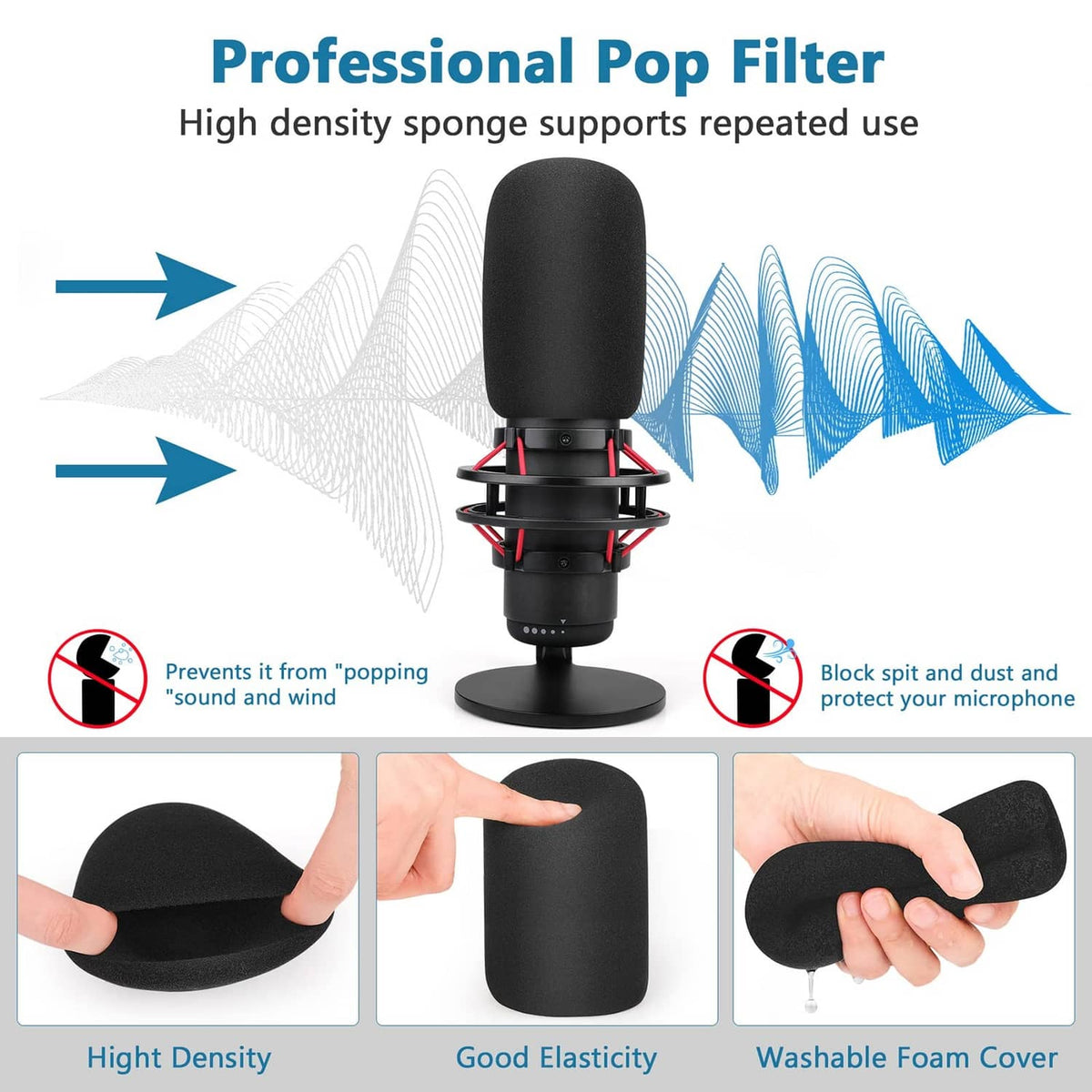 Pop filter with black foam windscreen and red stand clips for condenser microphone