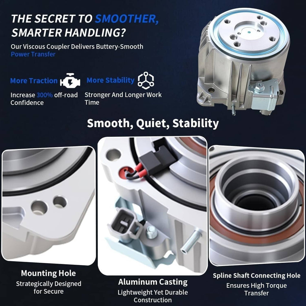 Rear viscous coupling assembly with metal housing, mounting holes, and wiring harness