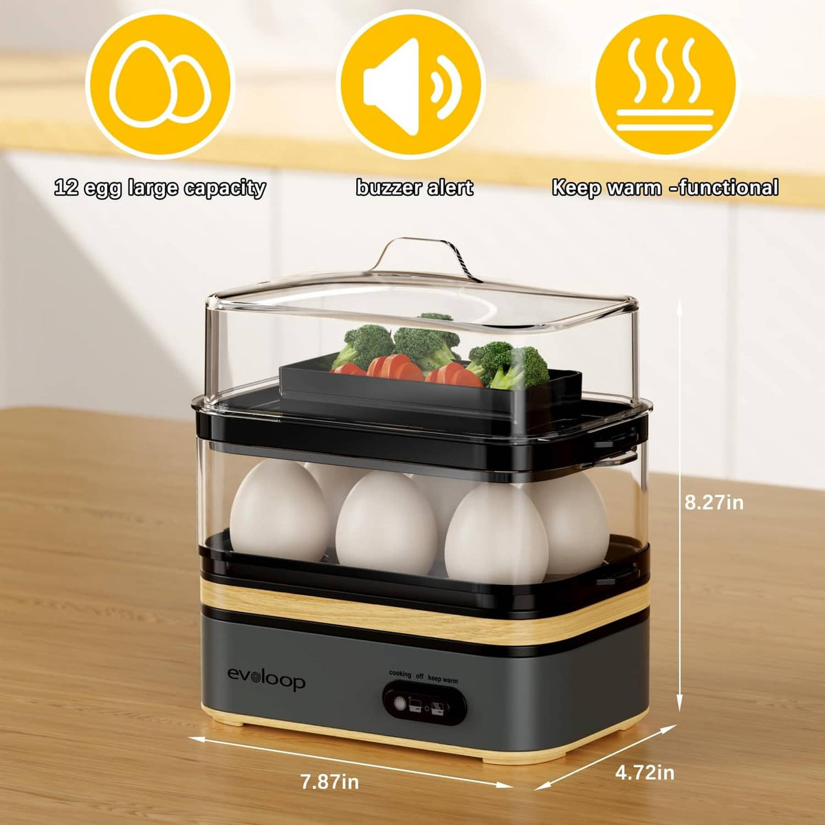 Gray electric 12-egg cooker with transparent lid and front control buttons