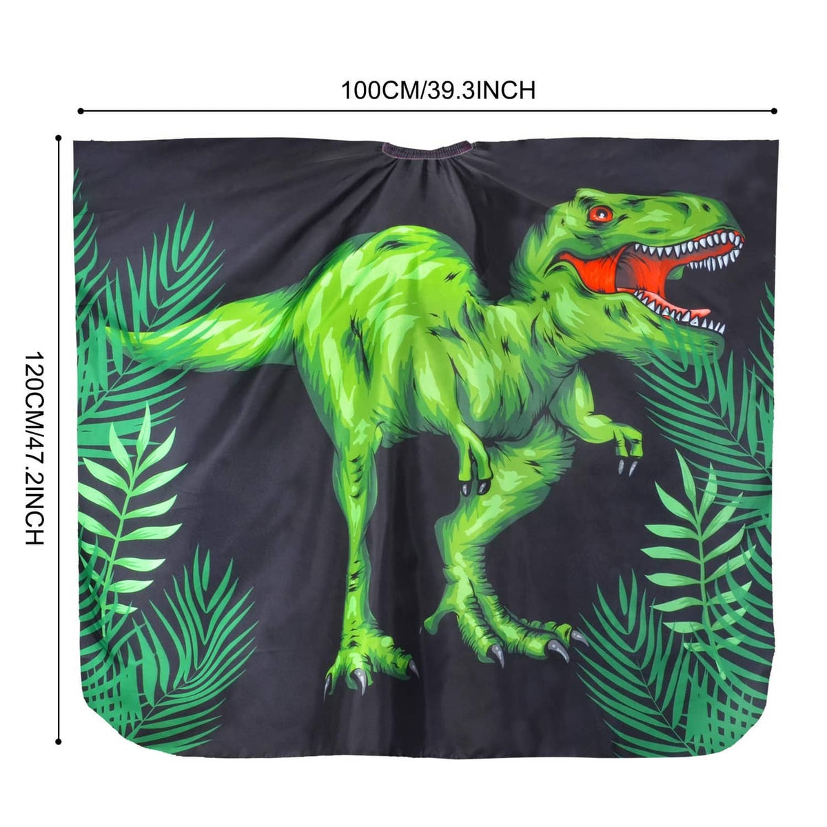 Kids dinosaur haircut cape, black waterproof cape with bright green T-rex design
