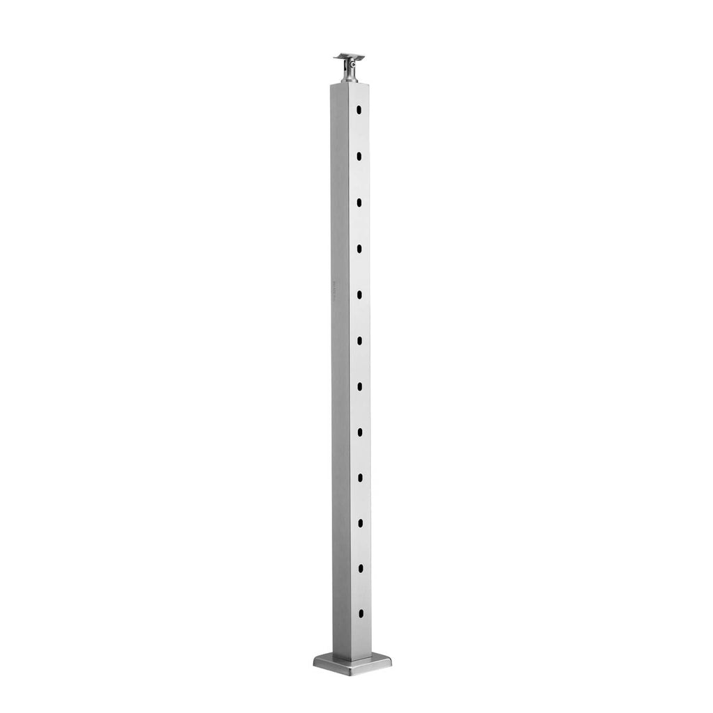 Tall silver stainless steel railing post with evenly spaced drilled holes and top mount