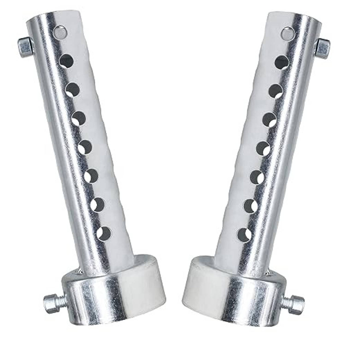 Pair of silver exhaust silencer baffle inserts with perforated tubes and side bolts