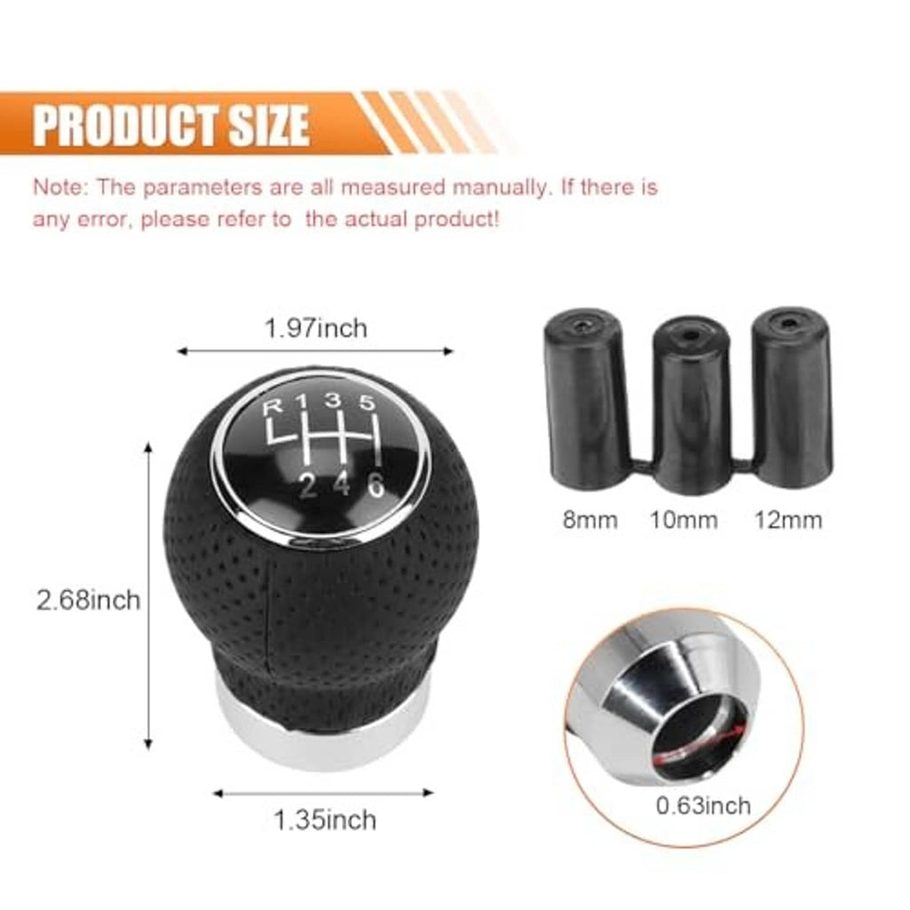 Black round shift knob with chrome ring, showing 6-speed gear numbers and size dimensions