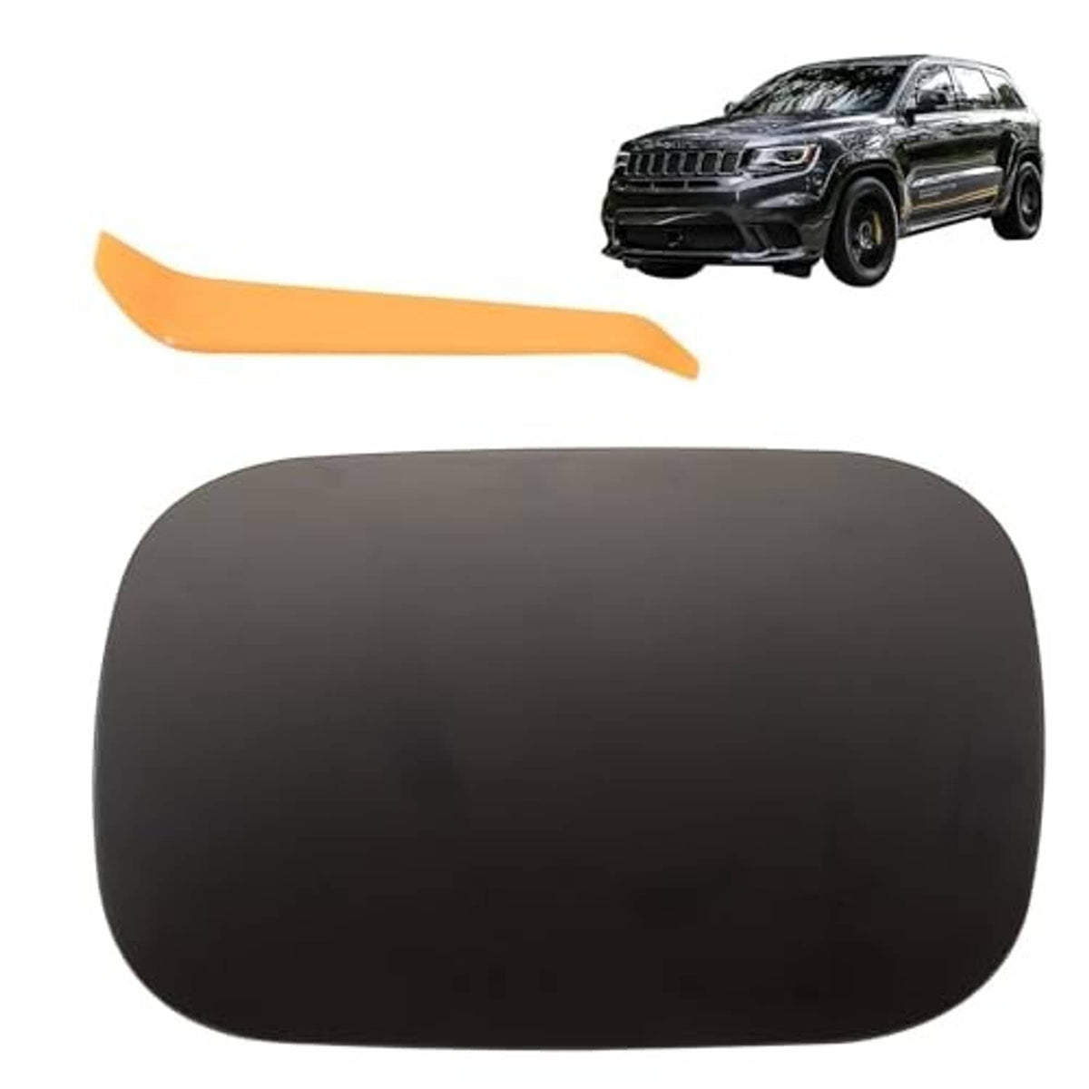 Black fuel tank filler door cover, curved rectangular shape, with orange guide arrow