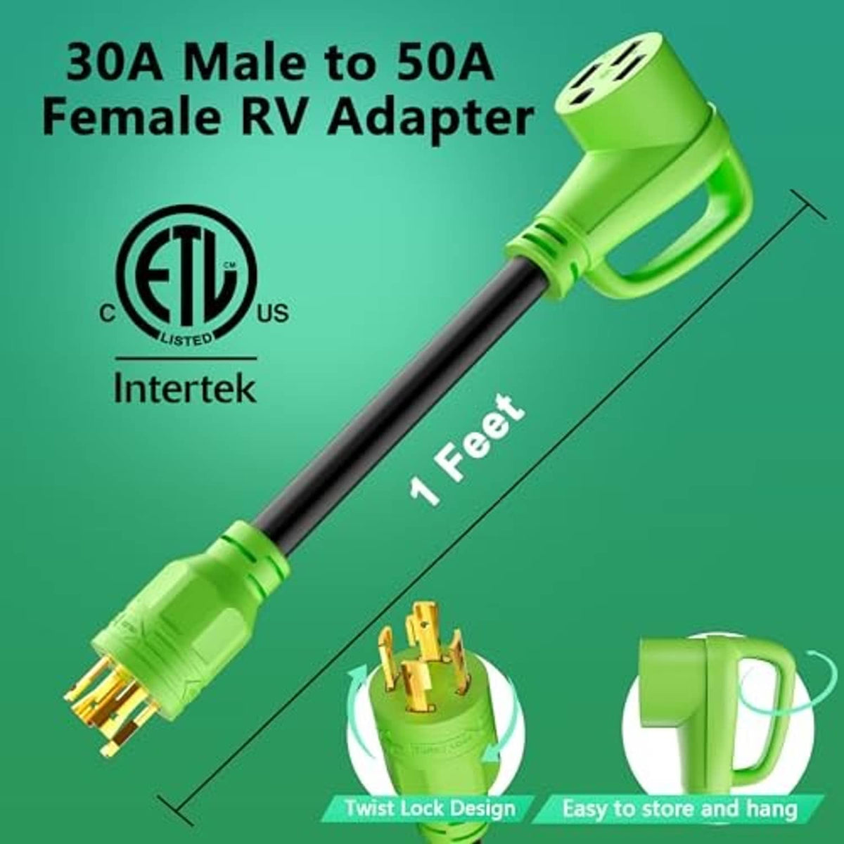 Green RV adapter plug with gold prongs and black 4-wire cord, twist-lock design