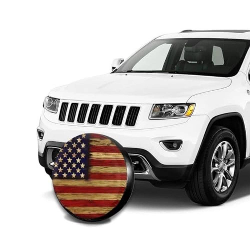Round universal tire cover with American flag graphic on the front spare tire area
