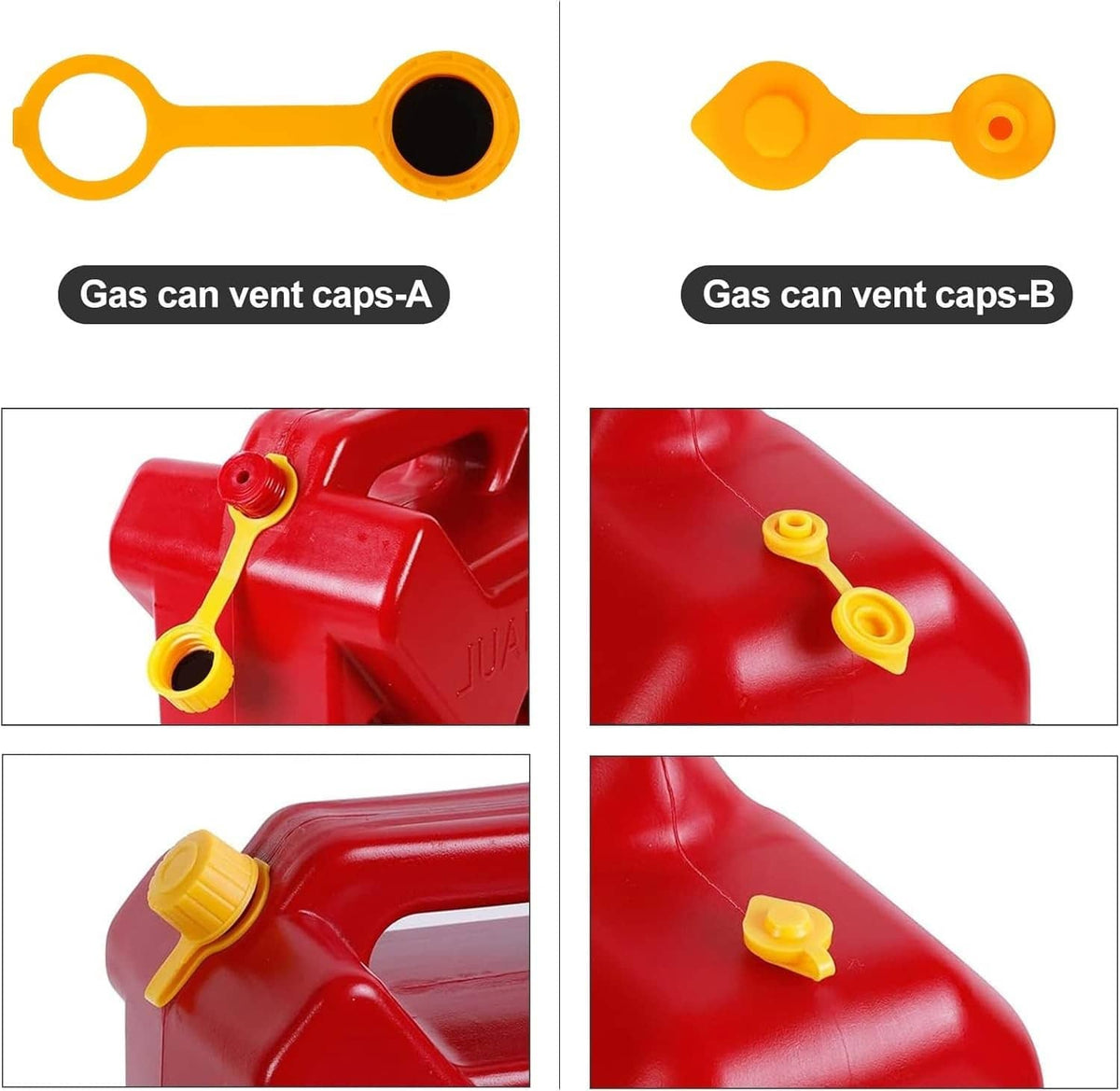 Gas can vent cap set A and B with yellow handles and black spout tips