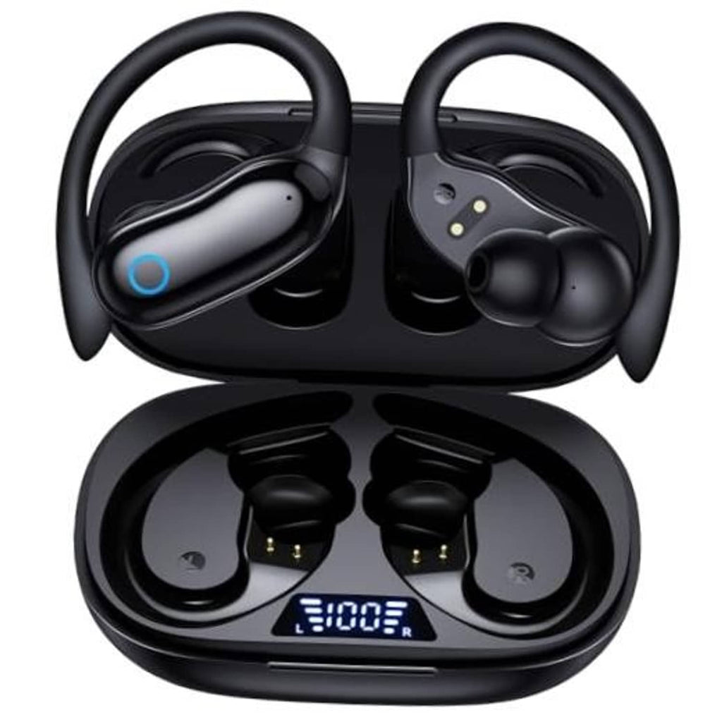 Black wireless earbuds with open charging case, showing two earbuds and case interior