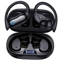 Black wireless earbuds with open charging case, showing two earbuds and case interior