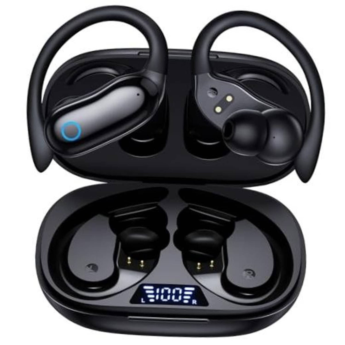 Black wireless earbuds with open charging case, showing two earbuds and case interior