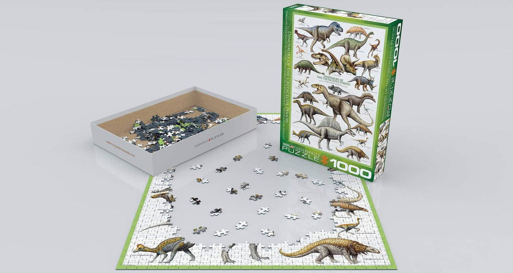 Eurographics dinosaur 1000-piece puzzle with box, loose pieces, and puzzle sheet
