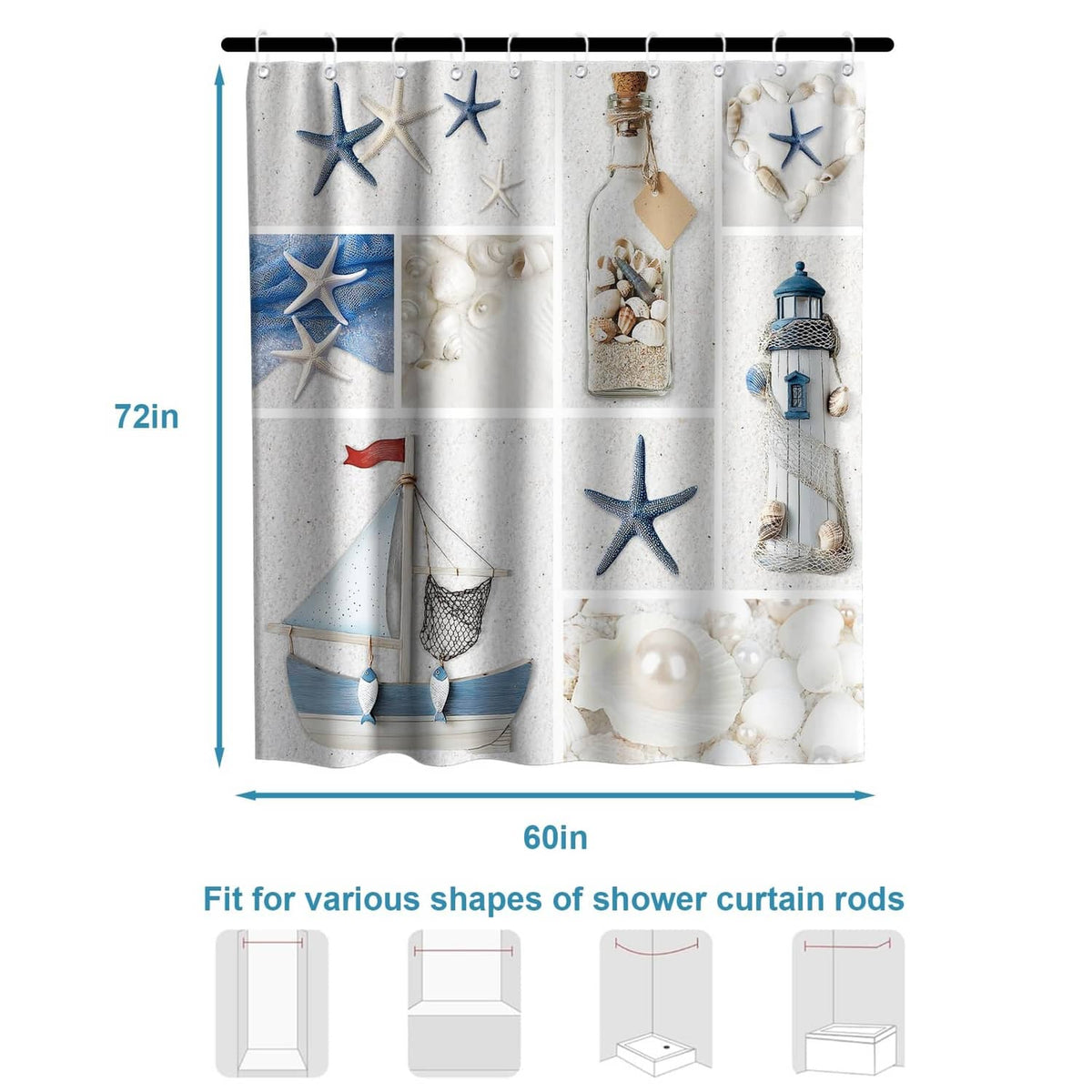 Beach shower curtain, white with blue starfish and seashell prints; 60in x 72in