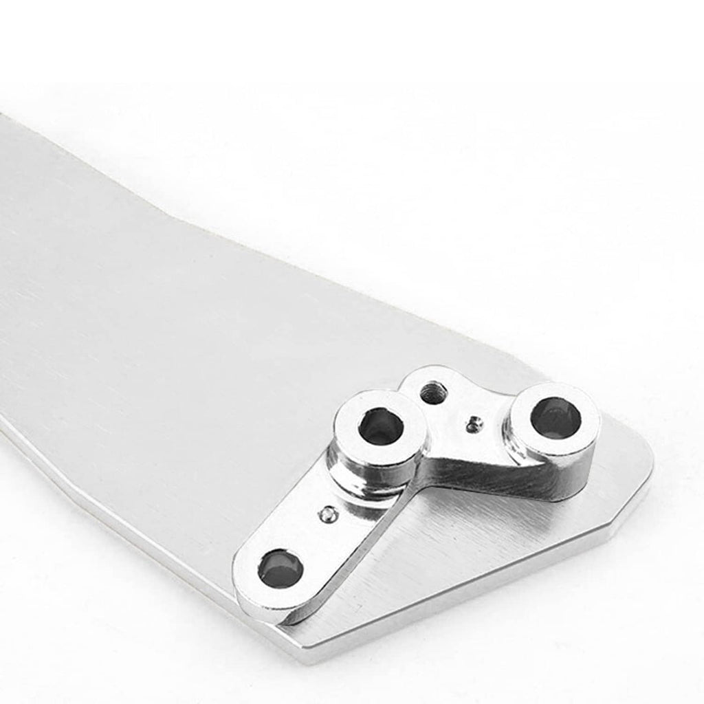 Silver rear lower chassis tie brace bar close-up of mounting bracket and holes