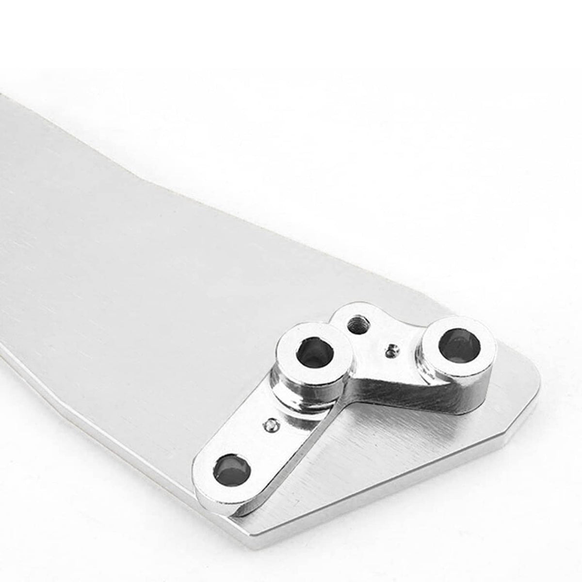 Silver rear lower chassis tie brace bar close-up of mounting bracket and holes