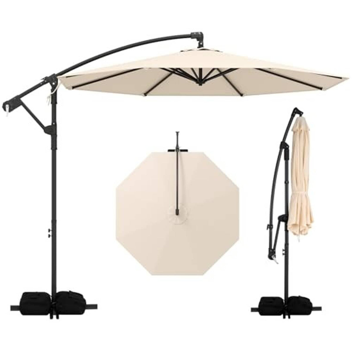 Offset cantilever patio umbrella with beige canopy, black frame, and attached base for stability