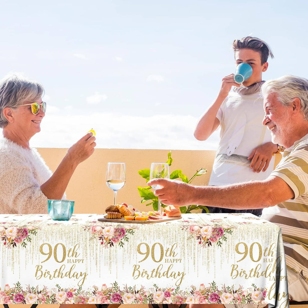 90th birthday tablecloth on outdoor table, floral rose-gold 90th Happy Birthday design