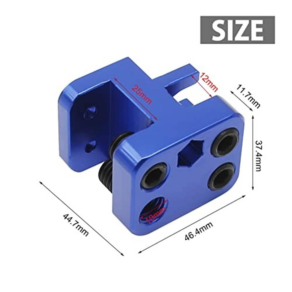 Blue chain link press tool with black rollers, shown with size measurement lines