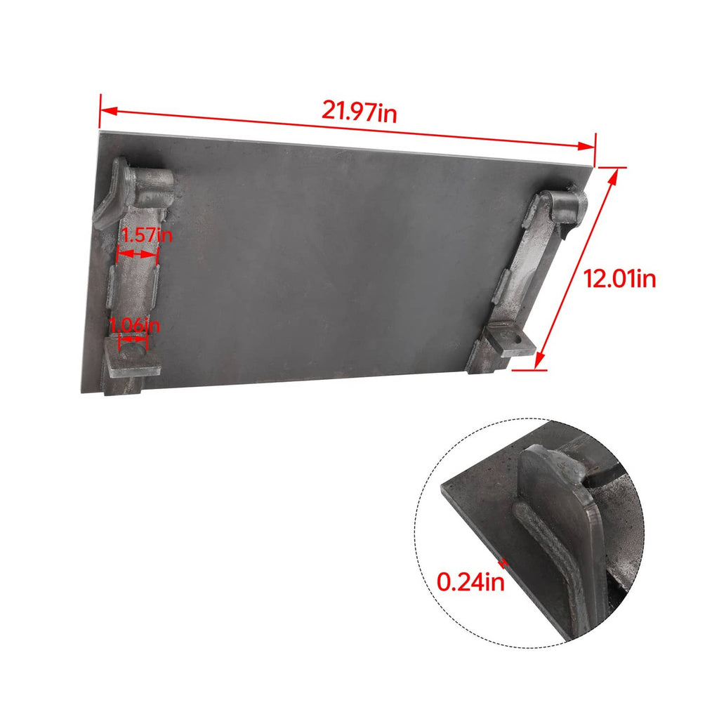 Steel mounting bracket plate with corner brackets and close-up of metal hook ends