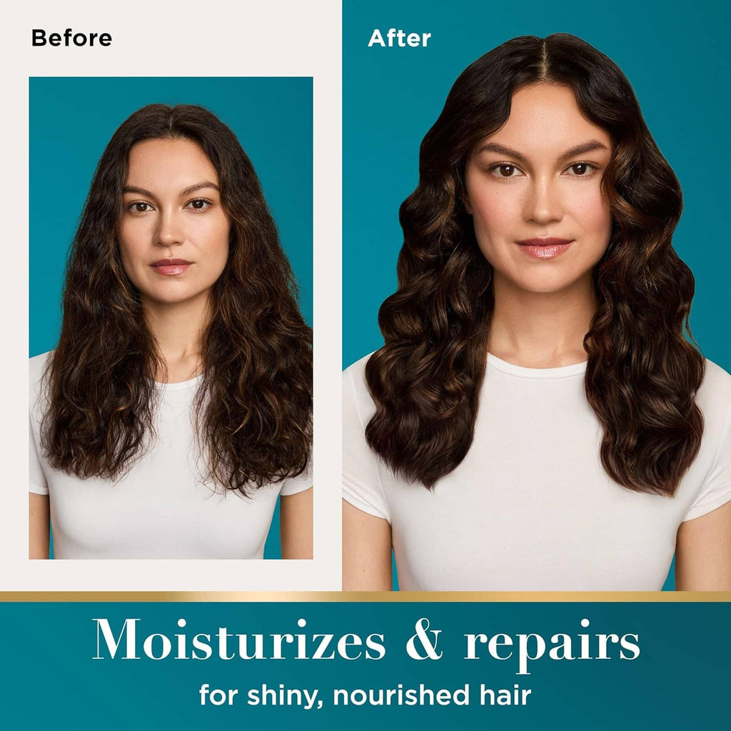 Woman with dark wavy hair showing before-and-after results for smoother, styled hair