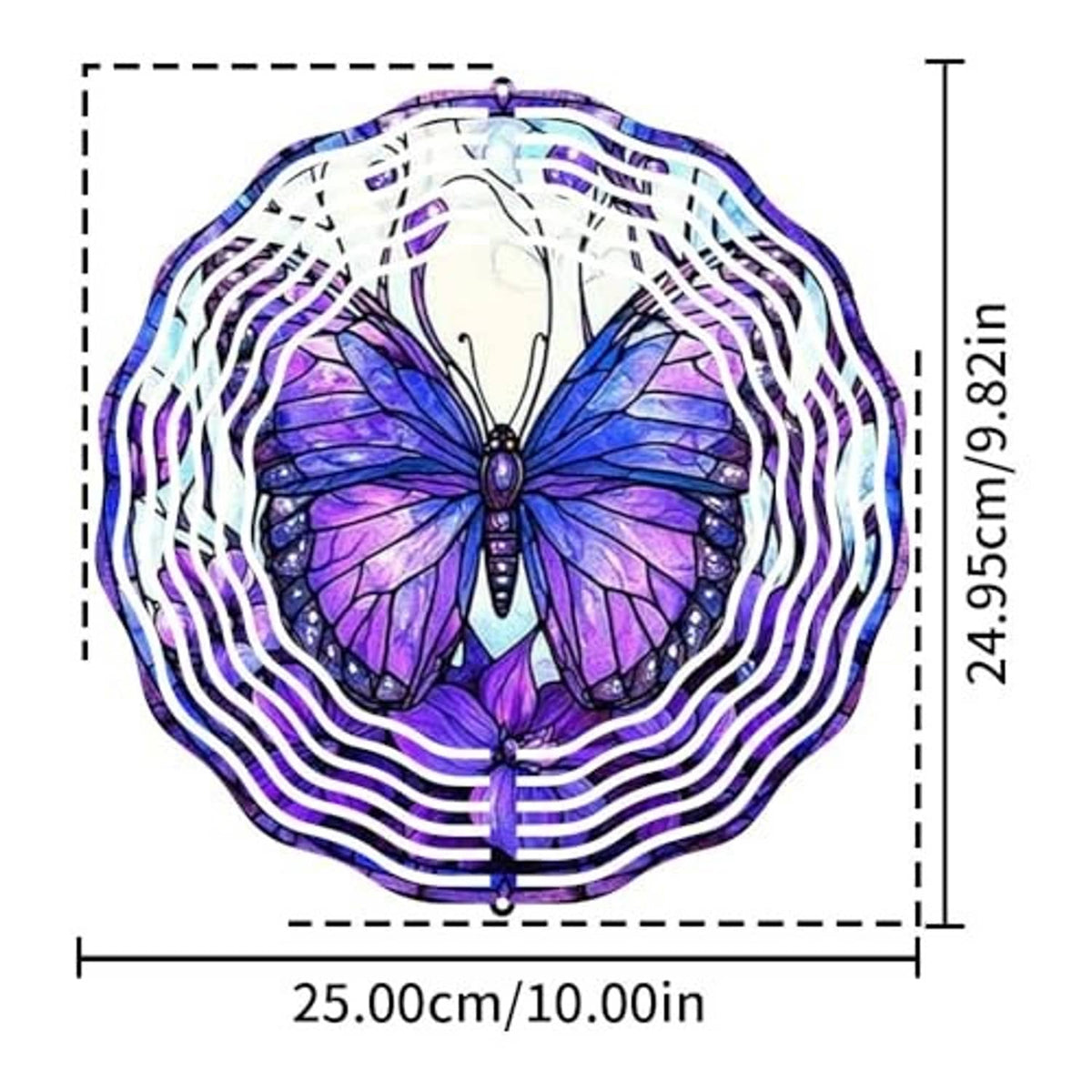 Purple butterfly wind spinner with white spiral ring pattern and top hanging hook