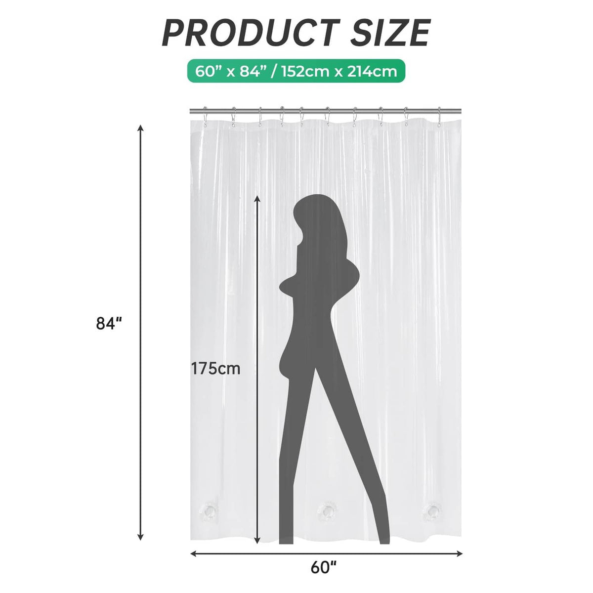 Clear shower curtain size 60 in. W x 84 in. L, with hanging silhouette diagram