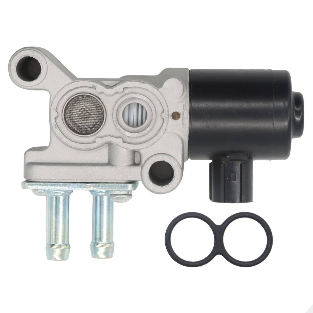 Idle air control valve kit with black actuator, silver housing, mounting bolts and gasket