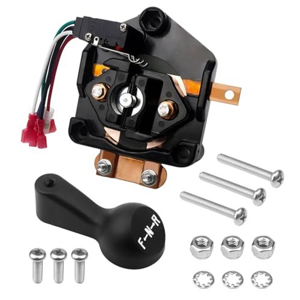 Forward/reverse switch assembly with black housing, metal contact parts, and F-N-R lever