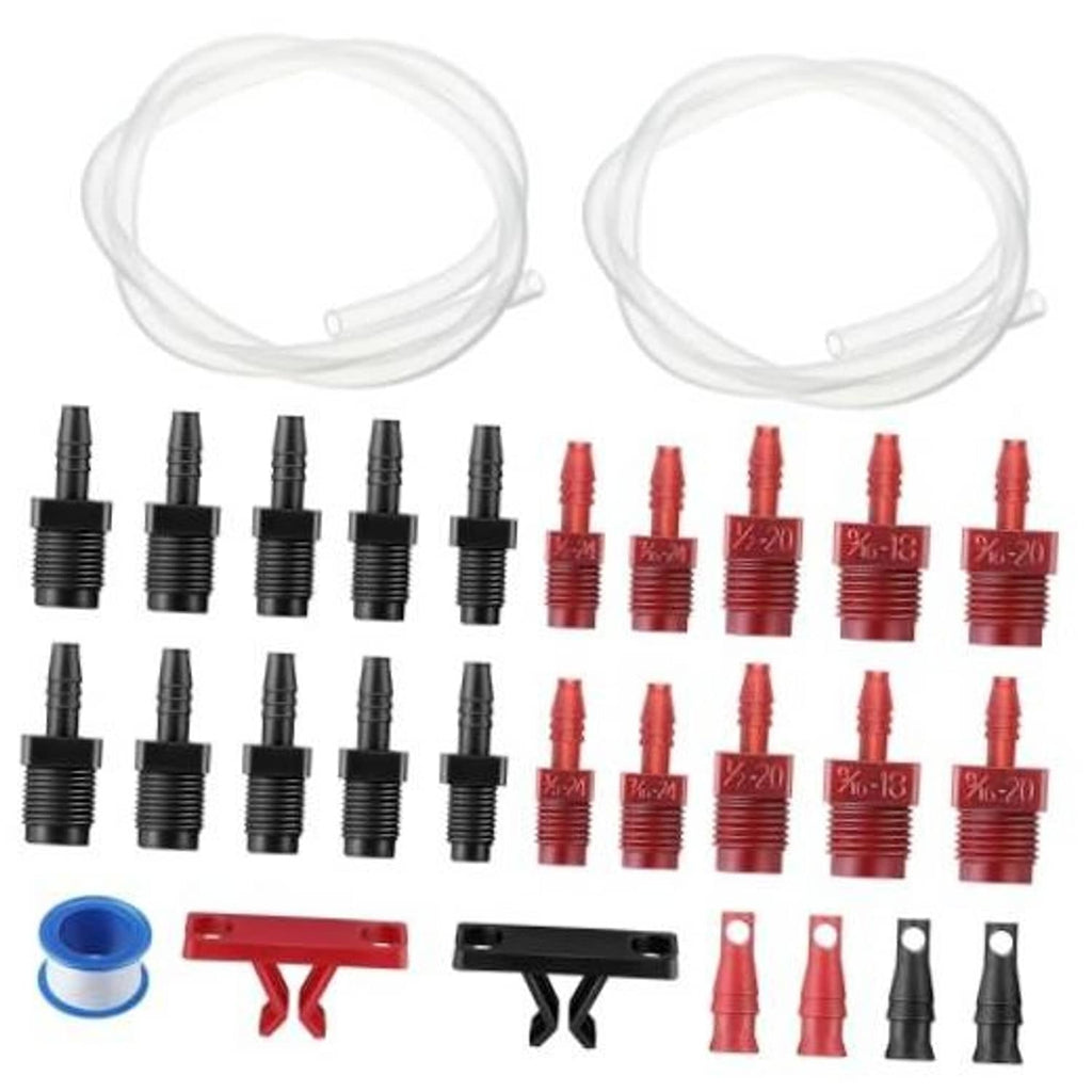 Brake master cylinder bleeder kit with clear hoses, red/black fittings, and blue PTFE tape