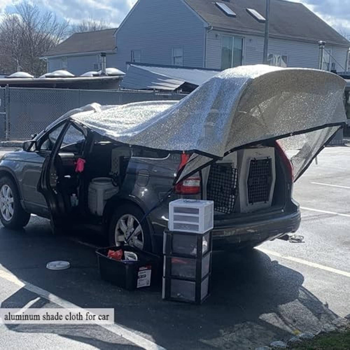 Car cover shade cloth with silver reflective top and open door cutout