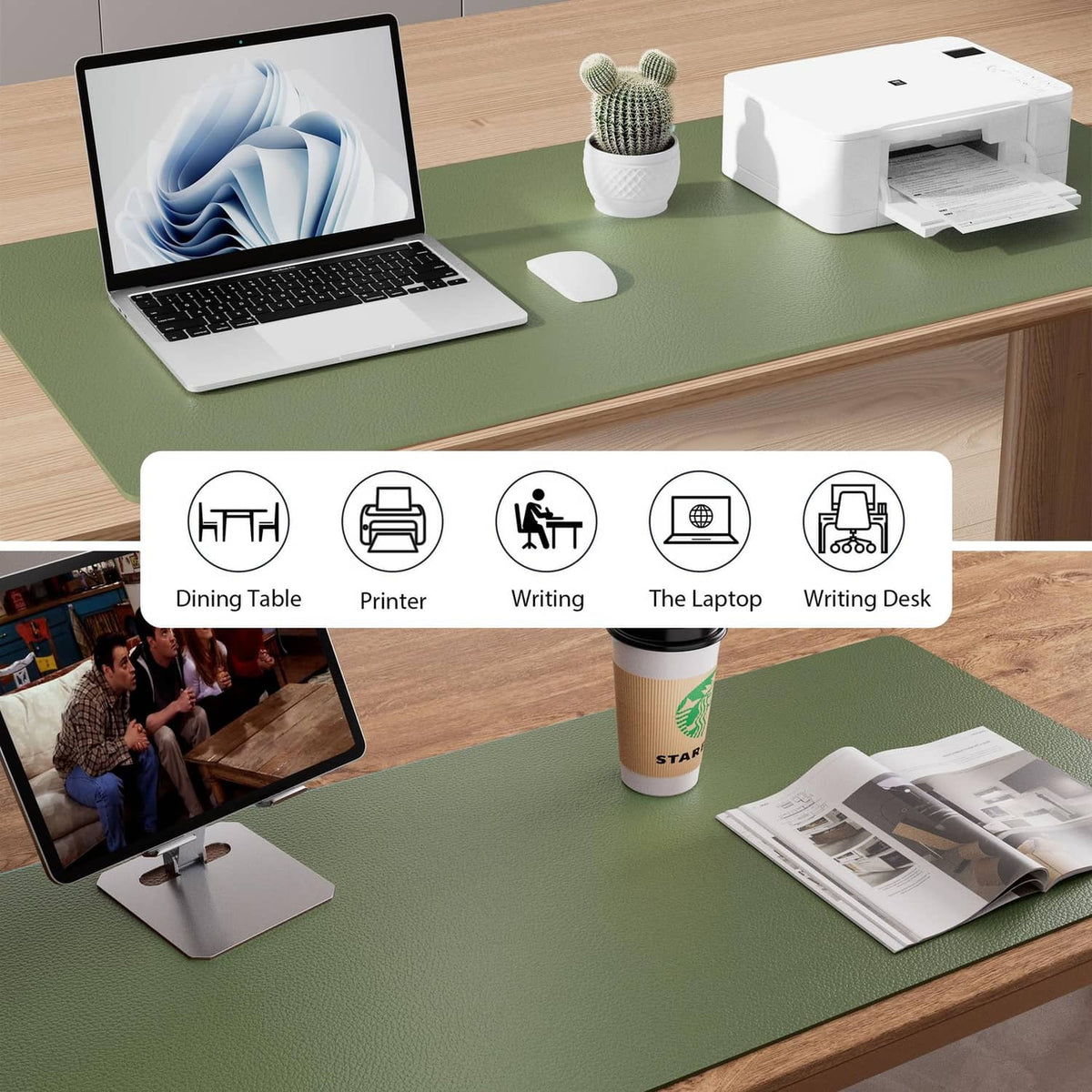 Olive green desk protector mat for laptop, mouse, and stationery on a desk