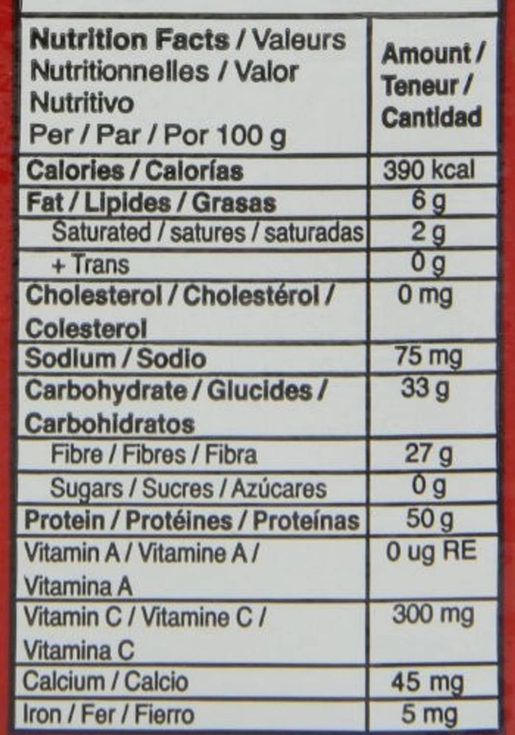 Saf instant yeast nutrition facts panel with calories and nutrients on label