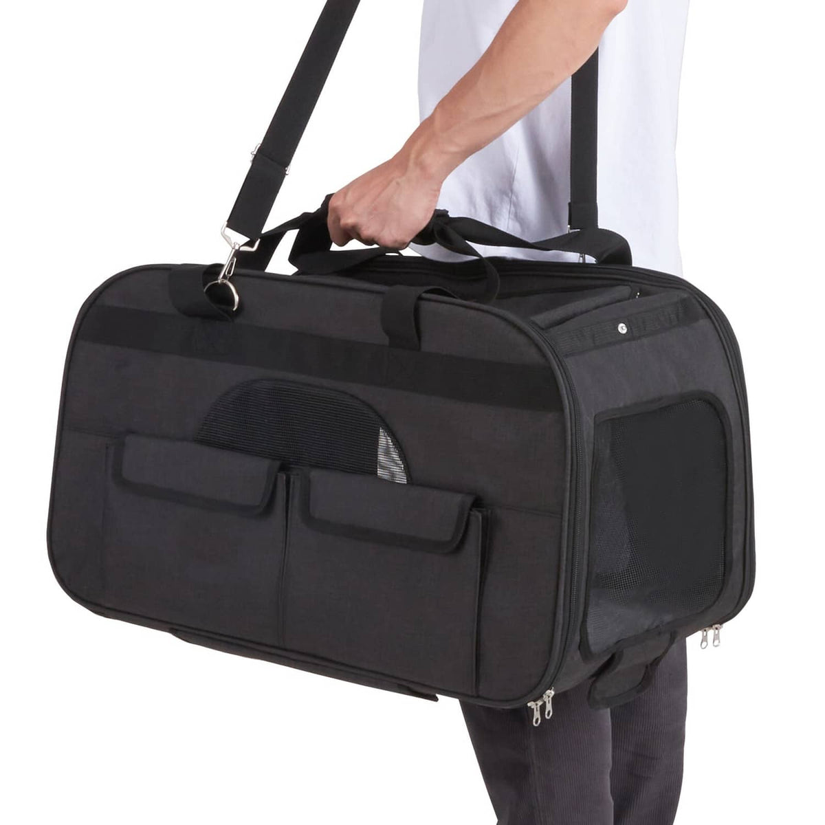 Black pet carrier with side pocket, mesh front panel, and top zipper opening