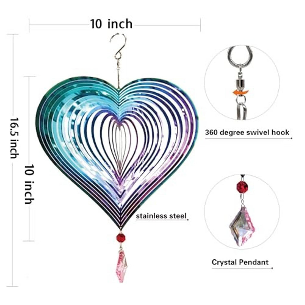 Metal heart wind spinner with 360° swivel hook and crystal pendant, 10 in