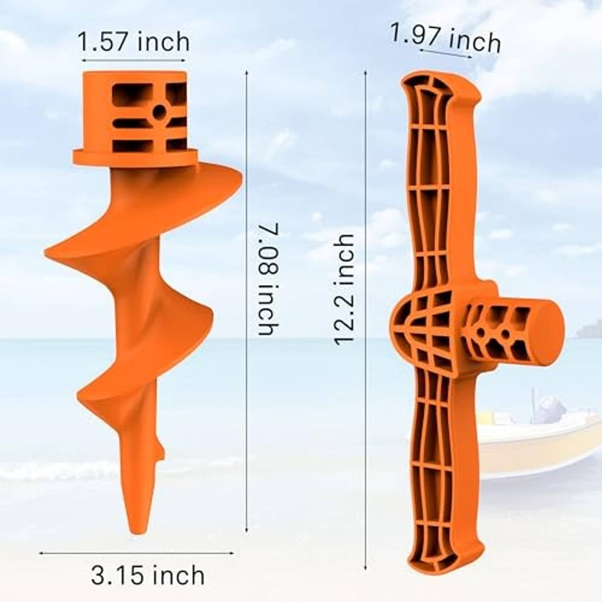 Orange PVC sand auger anchor with size markings: 3.15 in and 7.08 in