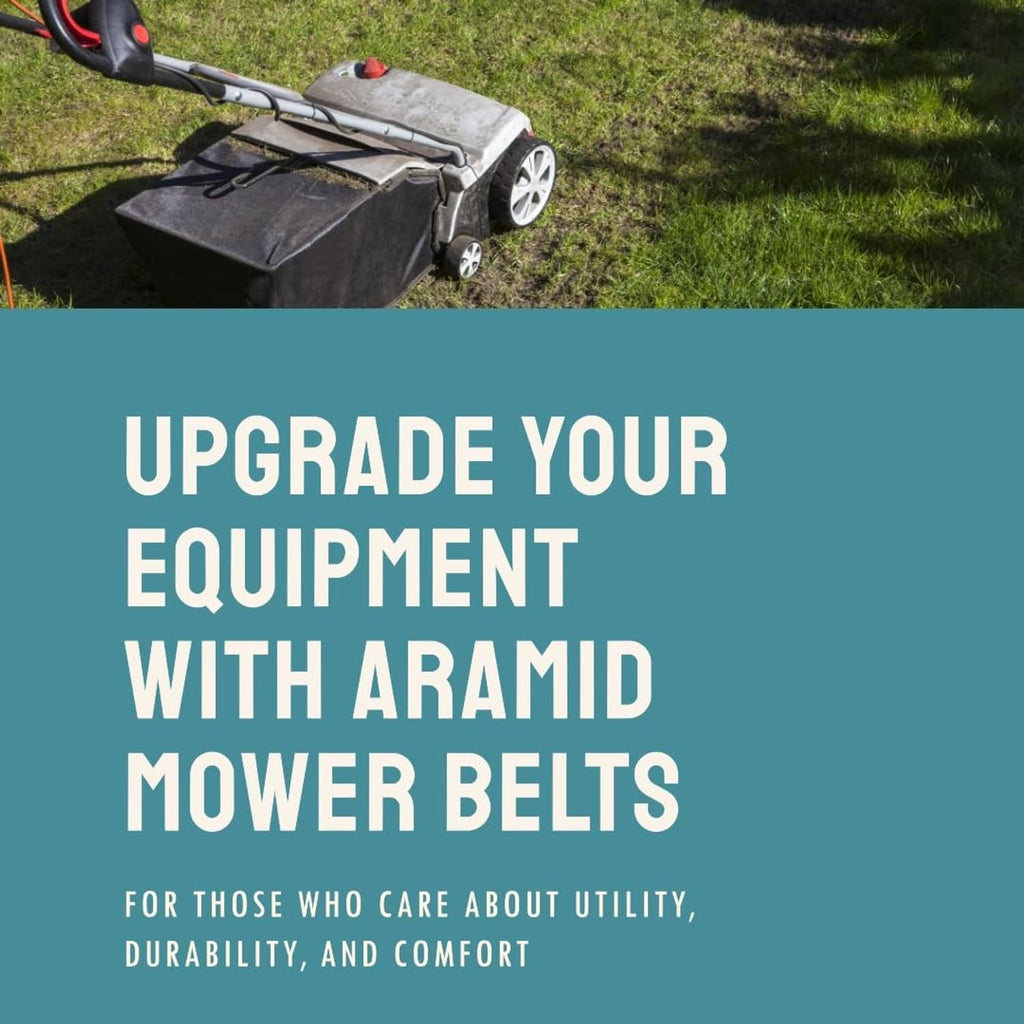 Aramid mower belt upgrade shown with a lawn mower on grass