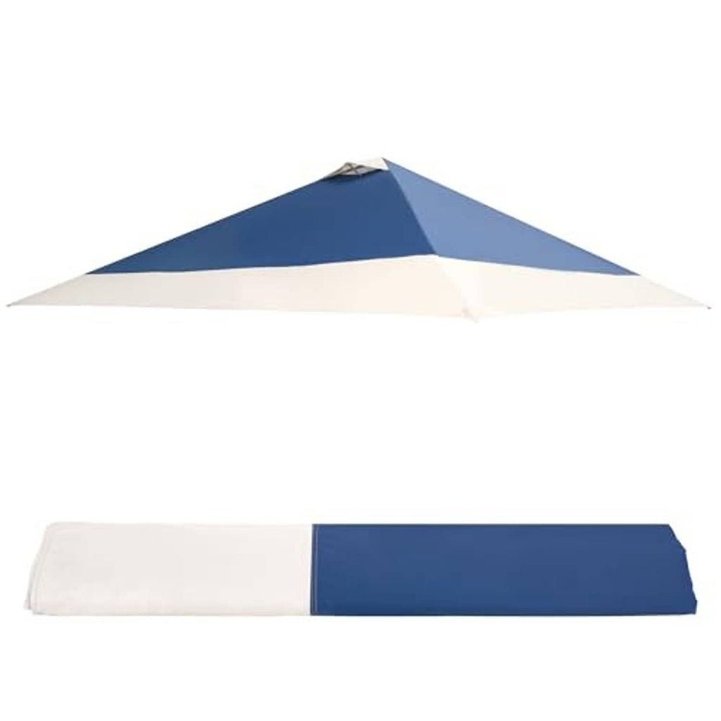 Folded navy blue and white replacement canopy top cover with attached strap