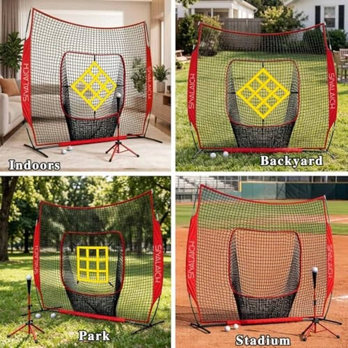 Baseball and softball practice net displayed for indoor, backyard, park, and stadium use