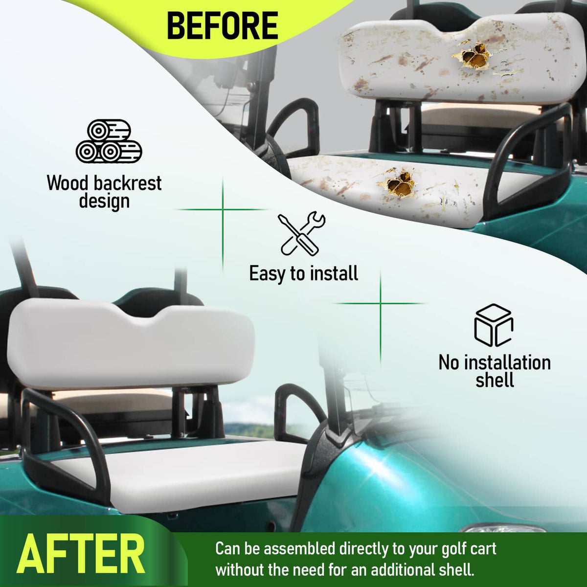 White golf cart seat cushion and backrest replacing worn seats