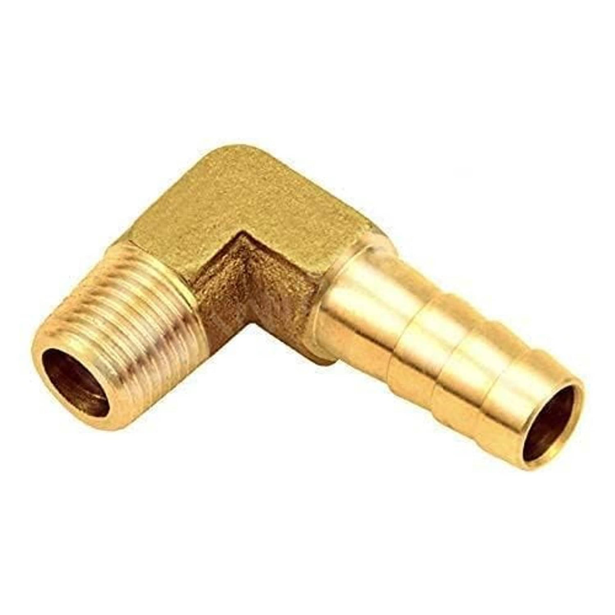 Brass 90-degree elbow hose fitting, barbed 5/16in end with NPT threads