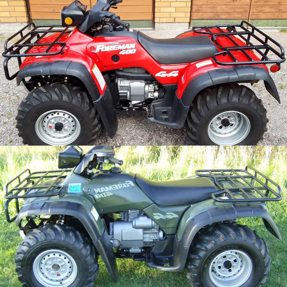 Black ATV seat installed on a four-wheeler, contoured padded top with rails