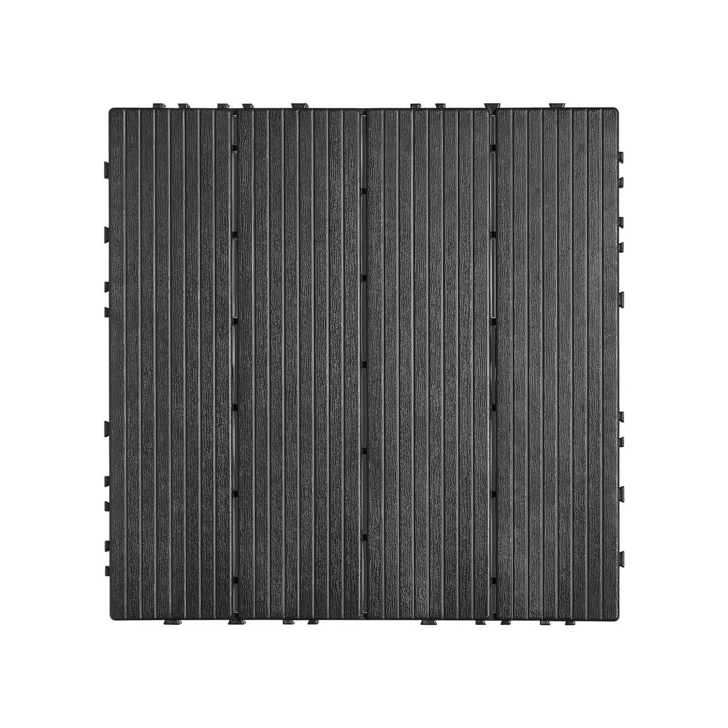 Dark grey interlocking deck tile with vertical ribbed texture and connecting tabs