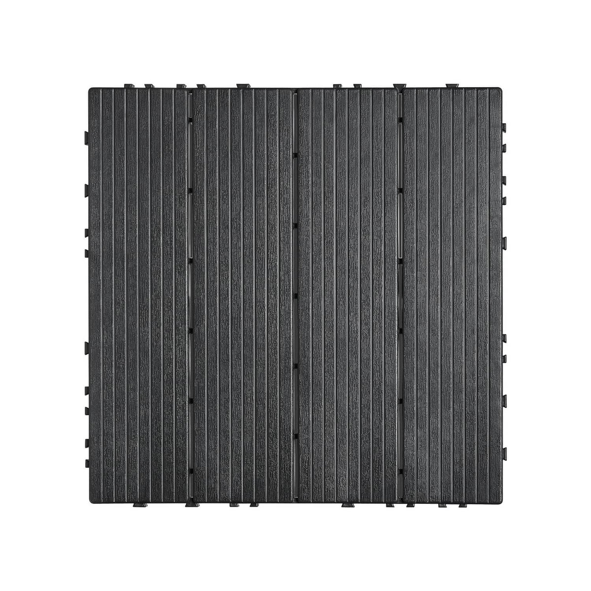 Dark grey interlocking deck tile with vertical ribbed texture and connecting tabs