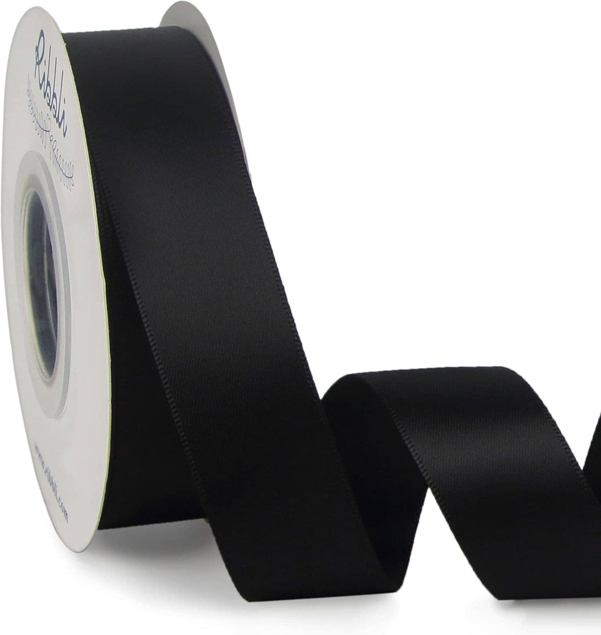 Black satin ribbon roll with smooth double-sided ribbon streaming outward