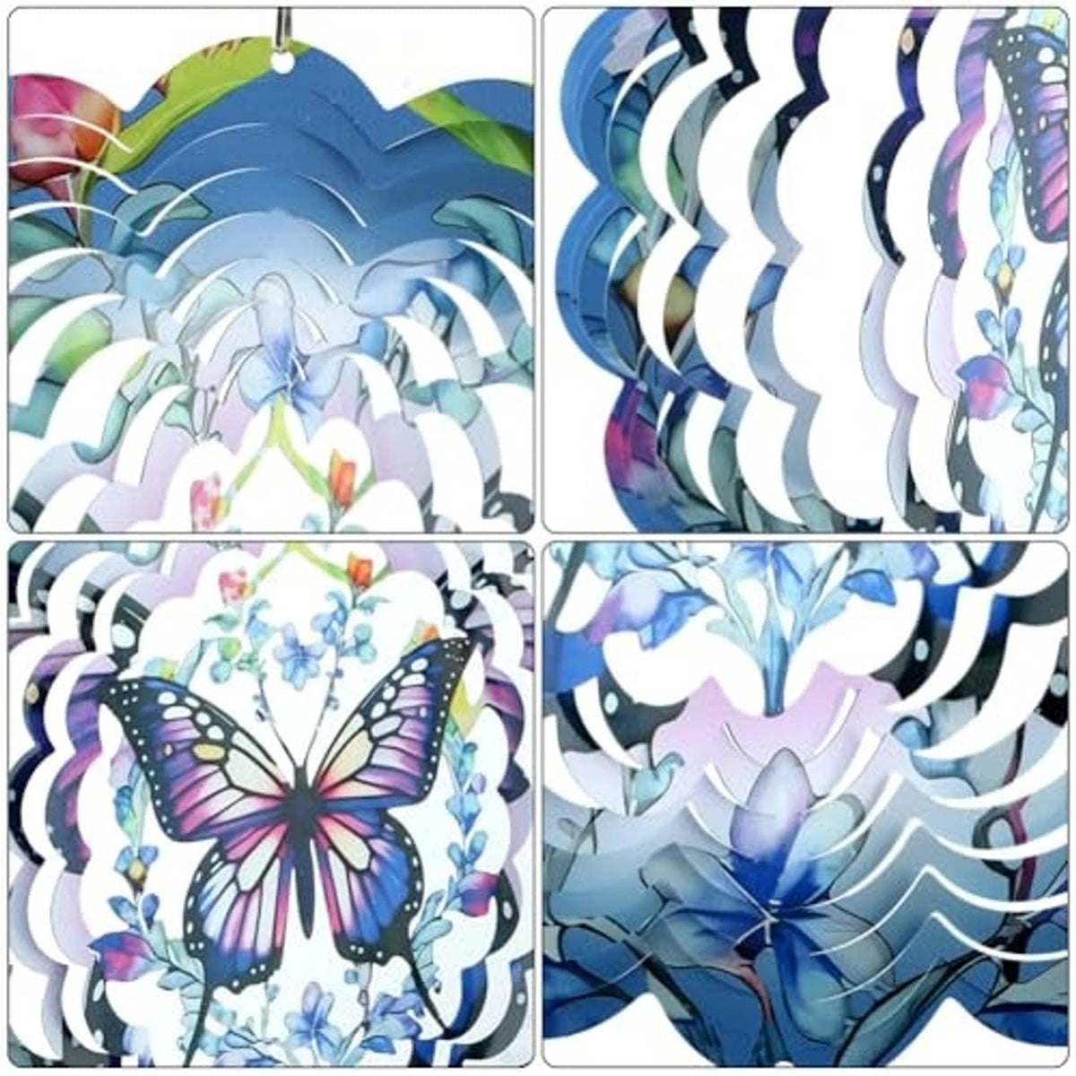 Butterfly wind spinner close-up showing layered blue metal petals and purple wing accents