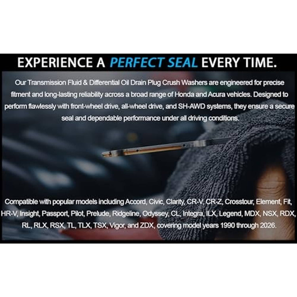 Crush washers for engine oil drain plug sealing shown on a maintenance banner