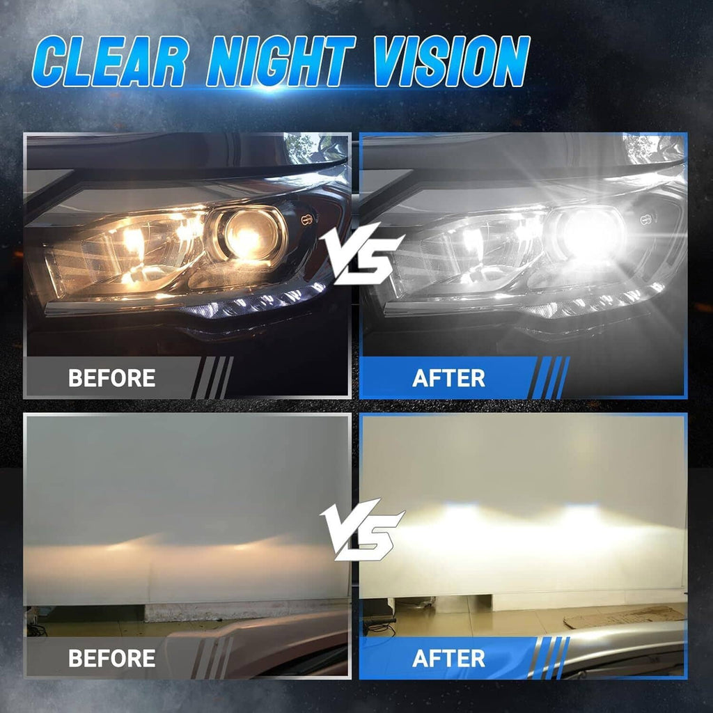 Xenon headlight ballast control unit in before-and-after brightness comparison