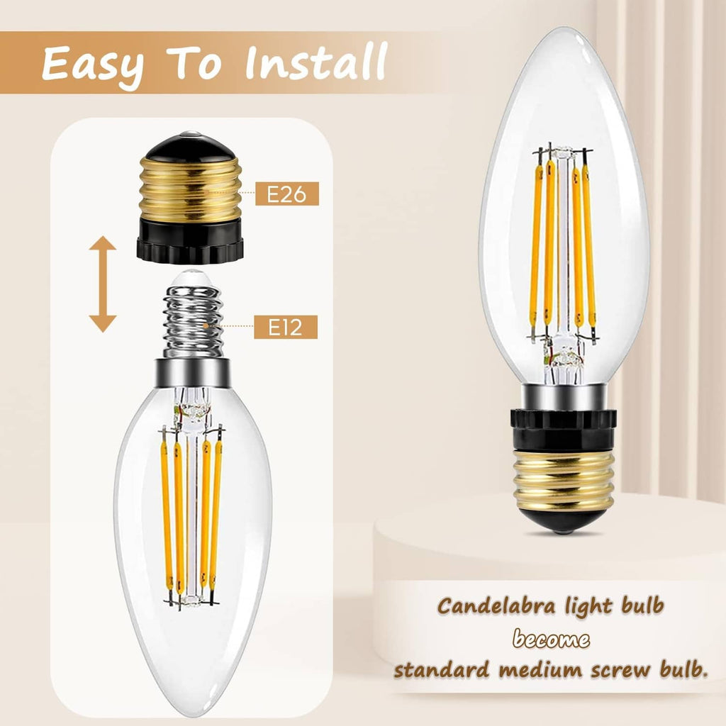E26 to E12 light socket adapter with black ring and gold threads, with candelabra bulb